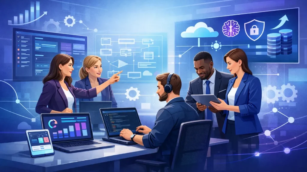 Team collaborating on custom software development